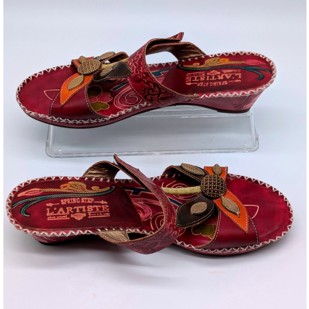 Spring Step L'Artiste Floral Leather Wedge Sandals Women EU 39 (8.5) Boho Slide